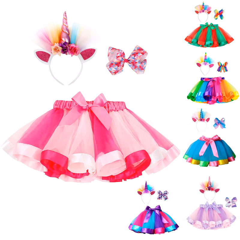 Rainbow Layered Tulle Tutu Skirt Unicorn Headband/Hair Bow