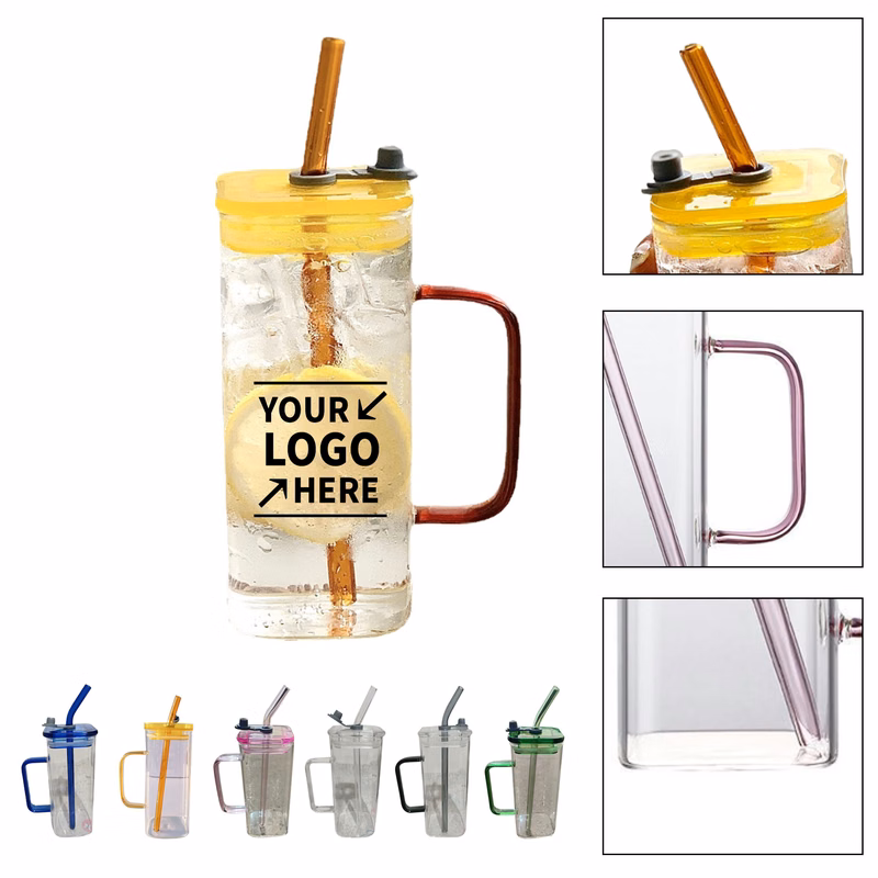 12 OZ Square Glass Bottle With Lid And Straw