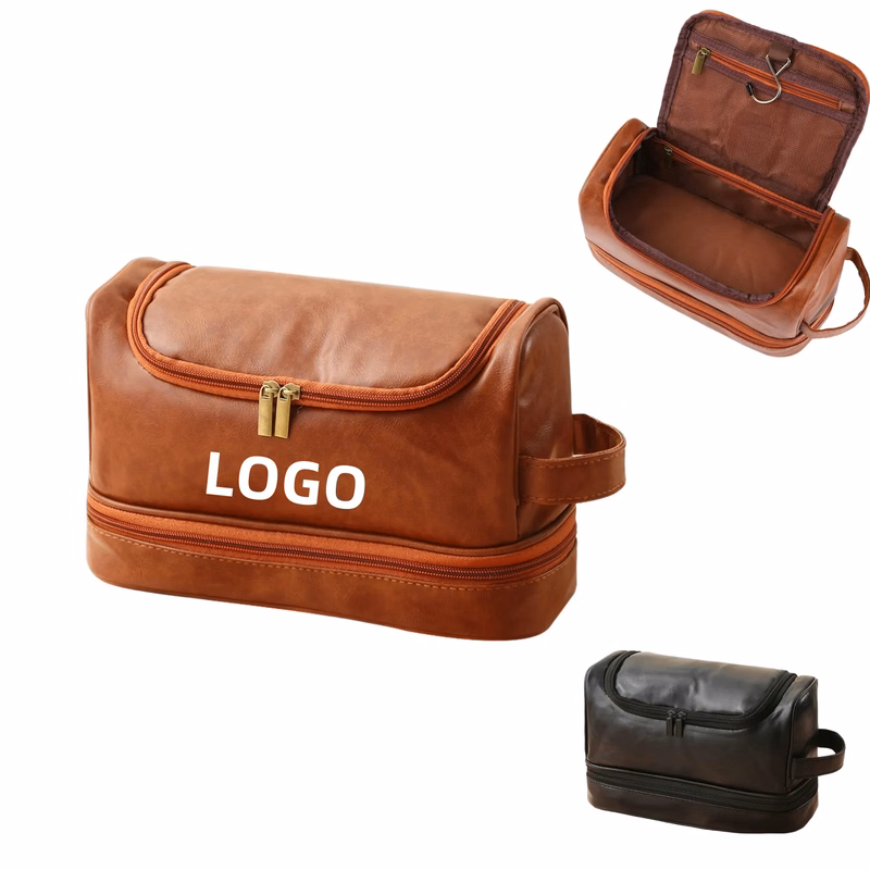 Leather Travel Cosmetic Organize Toiletry Bag with Handle