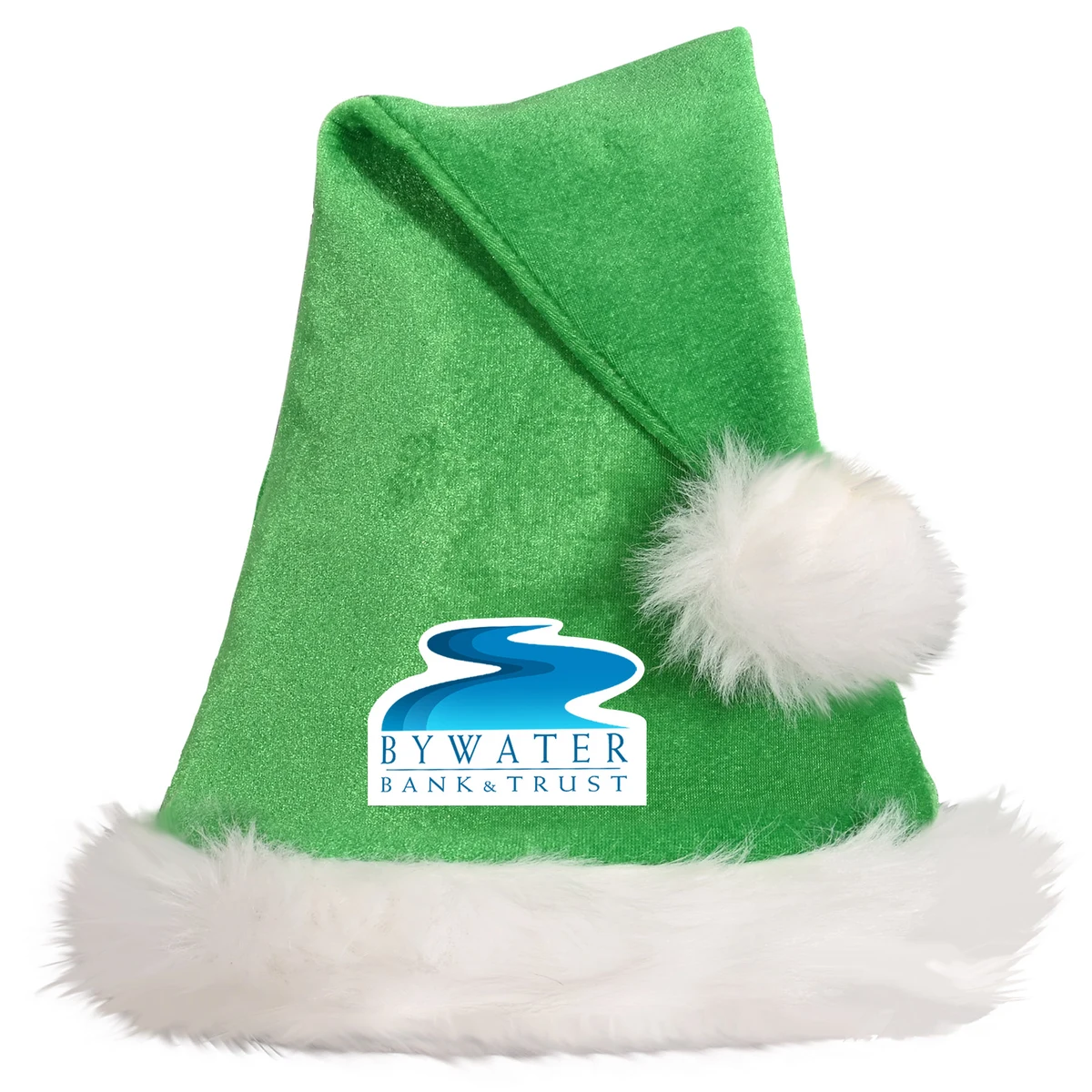 Green Santa Hats w/ White Plush Trim with a Custom Heat Transfer 1