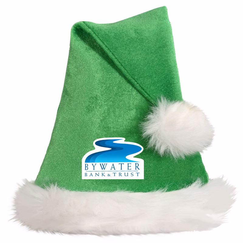 Green Santa Hats w/ White Plush Trim with a Custom Heat Transfer