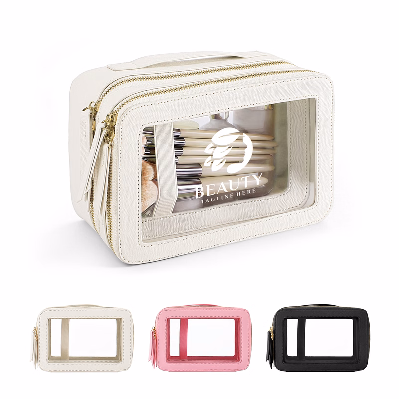 Two-Tier Clear Cosmetic And Toiletry Bag With PU Leather Trim