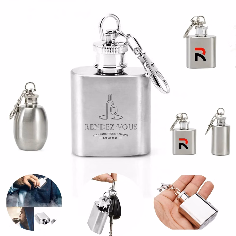 Mini Stainless Steel Hip Flask with Keychain 1 OZ