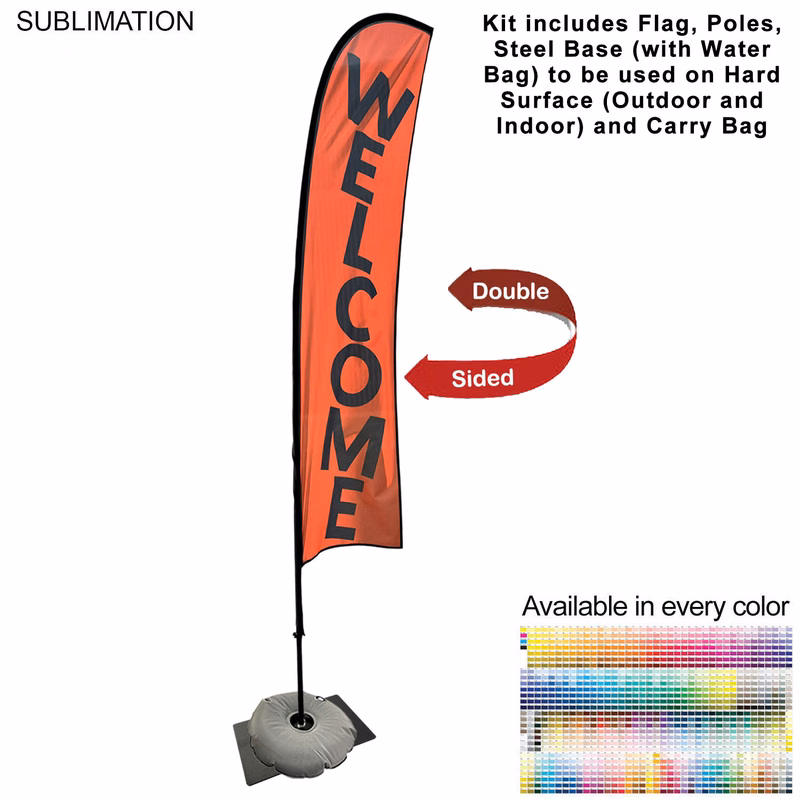 10' Small Feather Flag Kit, Full Color Graphics Double Sided, Outdoor Spike base, Indoor Steel Base