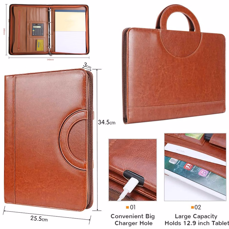 Zippered Leather Padfolio Portfolio with Hidden Handle