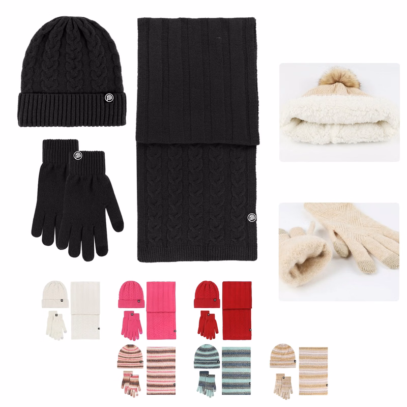 Woolen Knitted Beanie Scarf And Gloves Set