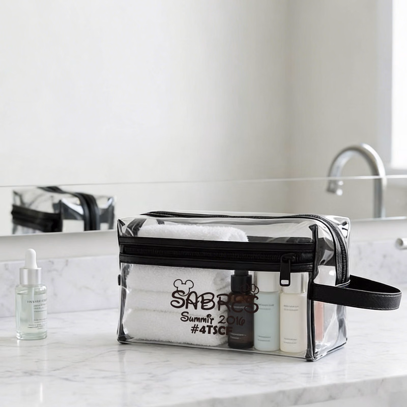 Clear Vinyl Toiletry Bag w/ Leatherette Accent