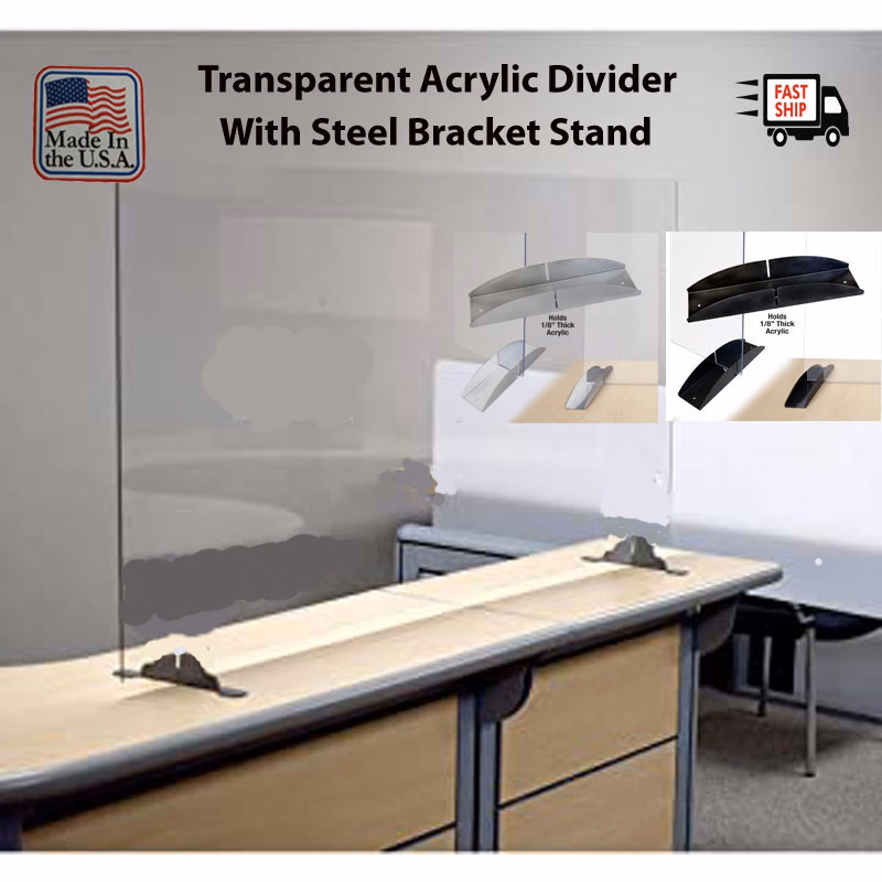 Clear AcrylicFreestanding Sneeze Guard w/ Heavy Duty Stands, Made in USA