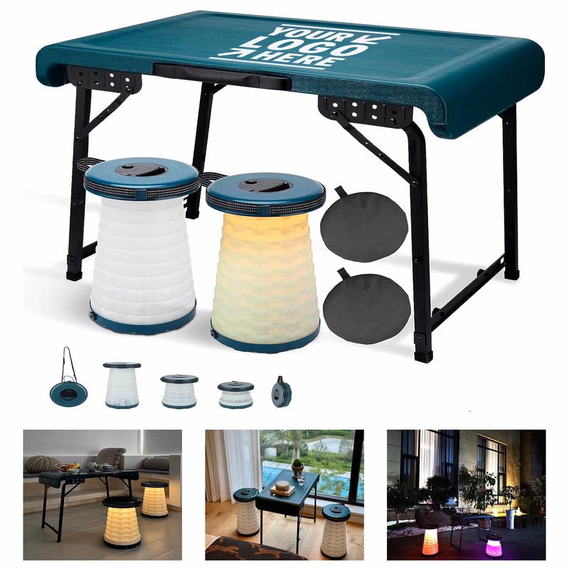 3 Lightting Modes Height Adjustable Indoor Outdoor Portable Folding Stool Telescopic Table Set