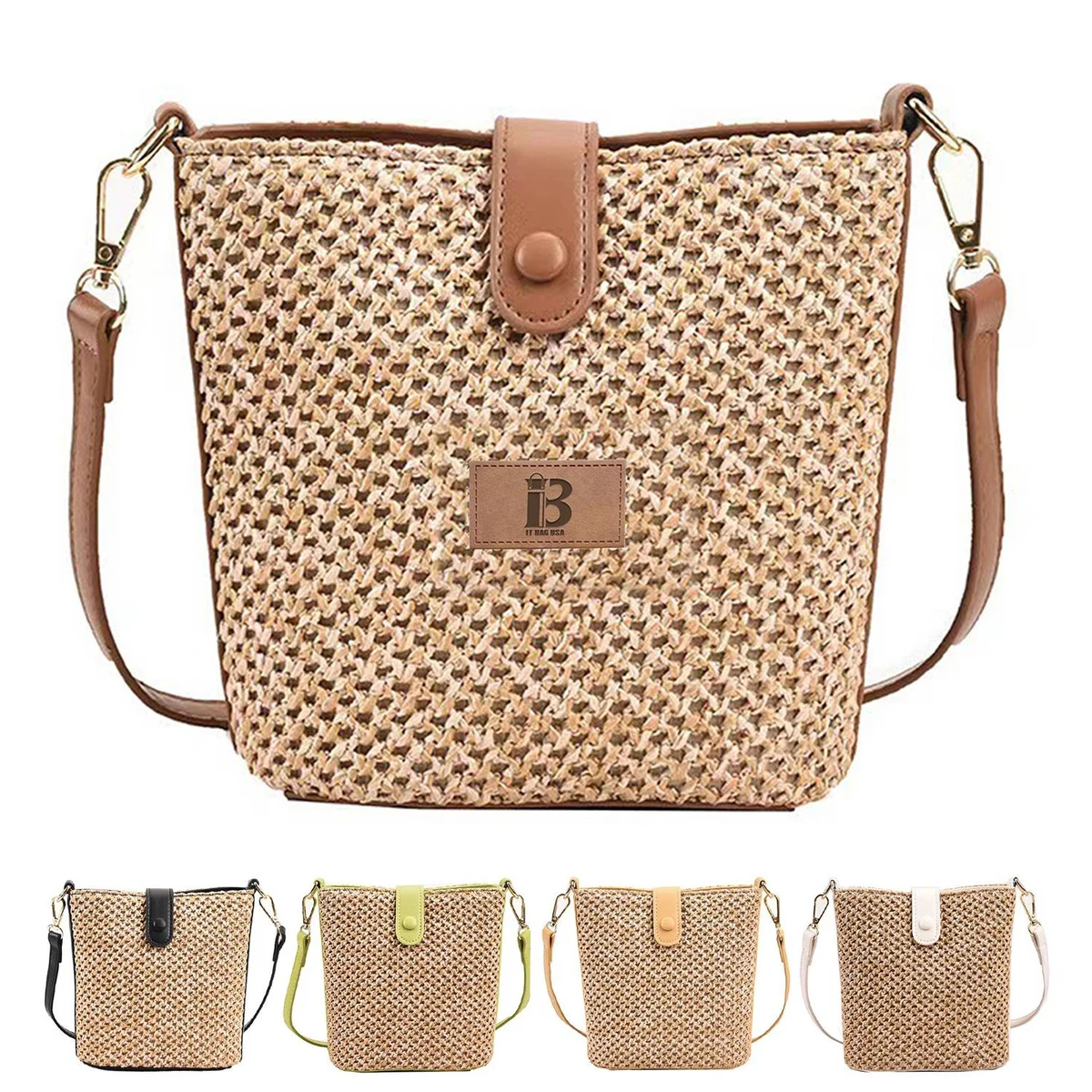 Summer Straw Women Woven Crossbody Bucket Bag 1