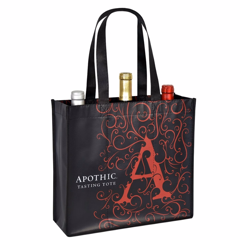 Custom 120g Laminated Non-Woven 3-Bottle Wine Tote 12"x11"x4"