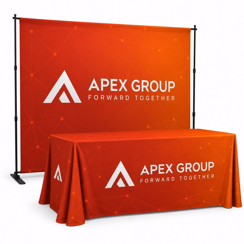 24Hr Express Ship- Tradeshow Booth Package 10' Expanding Display & 8' Sublimated PREMIUMTablecloth