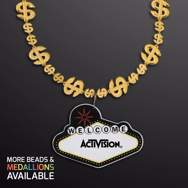 Shiny Gold Dollar Necklace with Vegas Sign Medallion