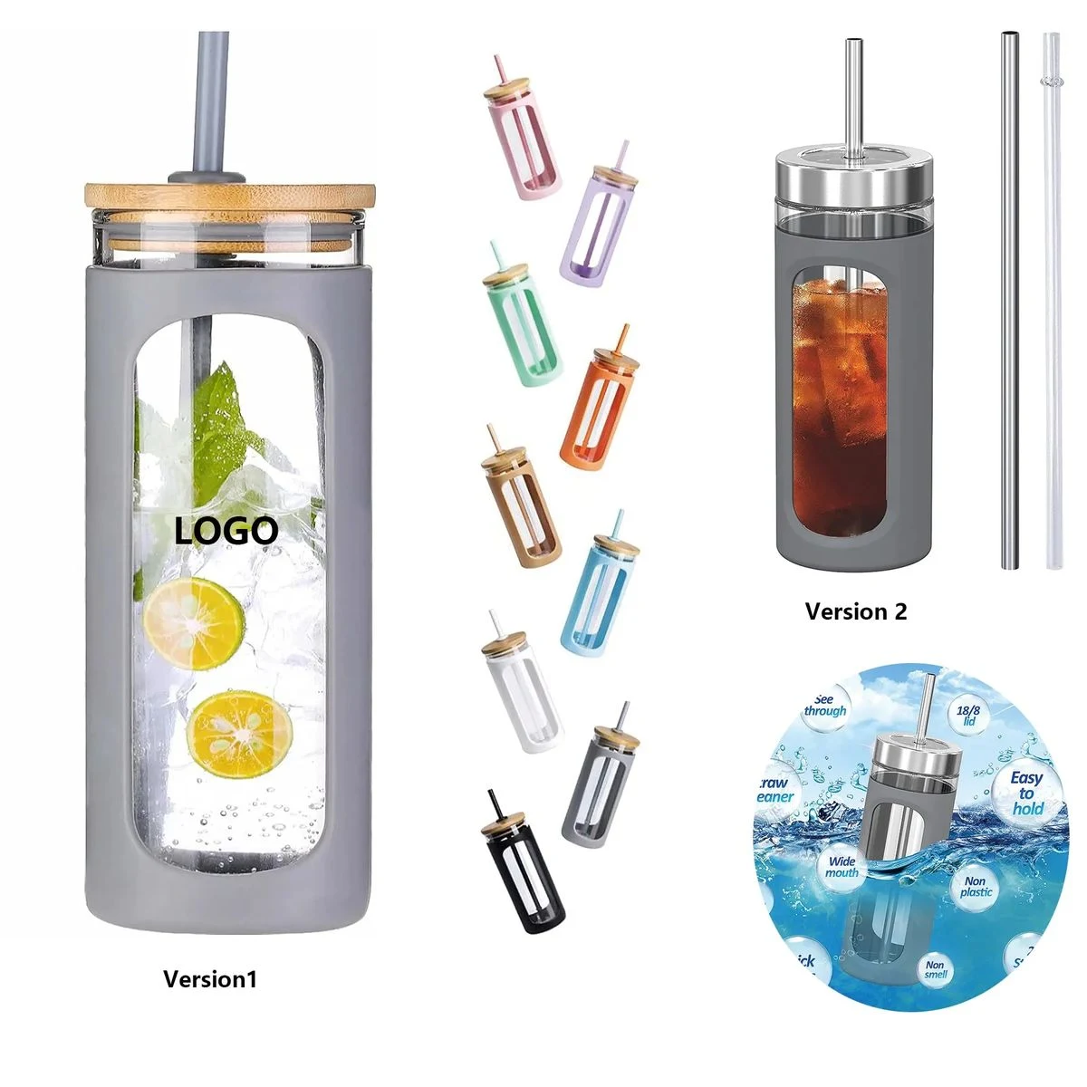 20oz Glass Water Bottle with Straw 1