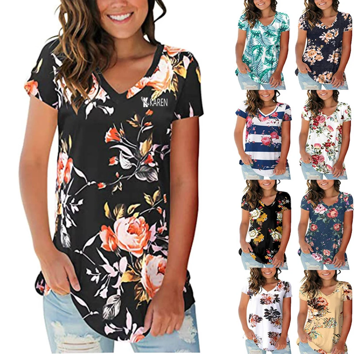 Womens Summer V Neck Printed T-Shirt 1