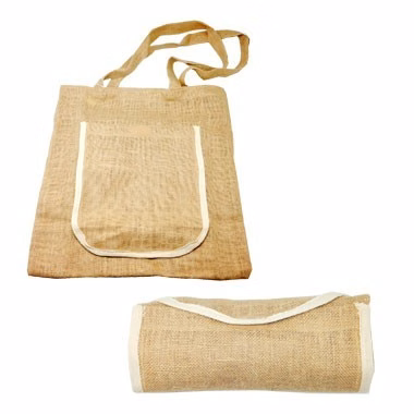 Foldable all purpose natural soft jute tote bag with cotton trim pocket