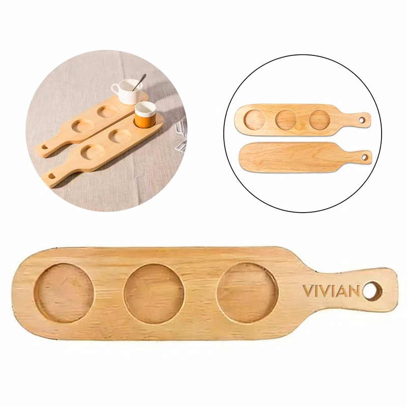 3-Slot Wood Cup Holder Tray with Handle