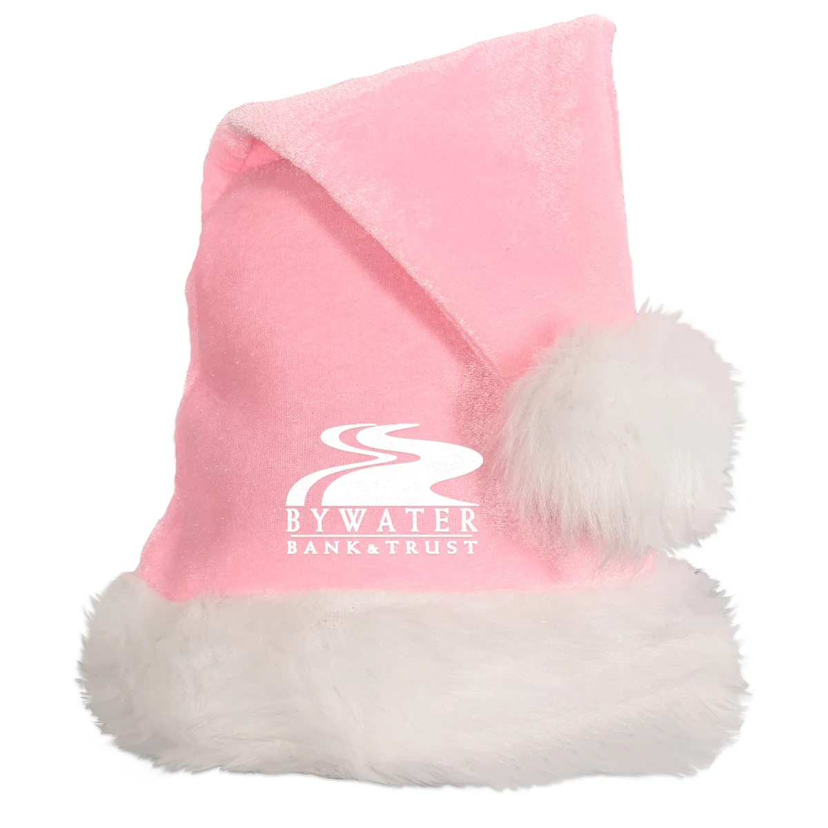 Light Pink Santa Hats w/ White Plush Trim with a Custom Direct Screen Print 1