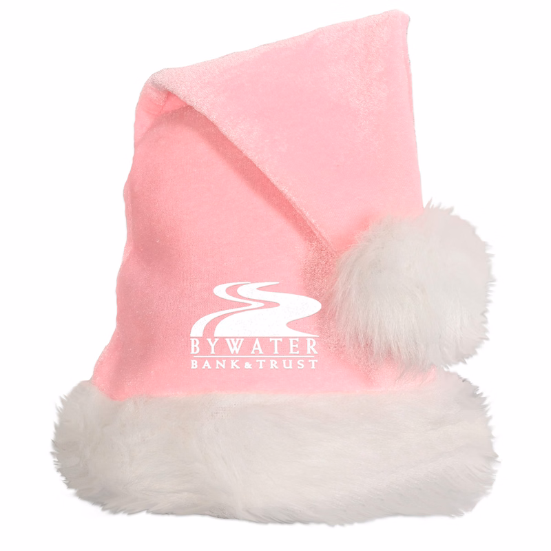 Light Pink Santa Hats w/ White Plush Trim with a Custom Direct Screen Print