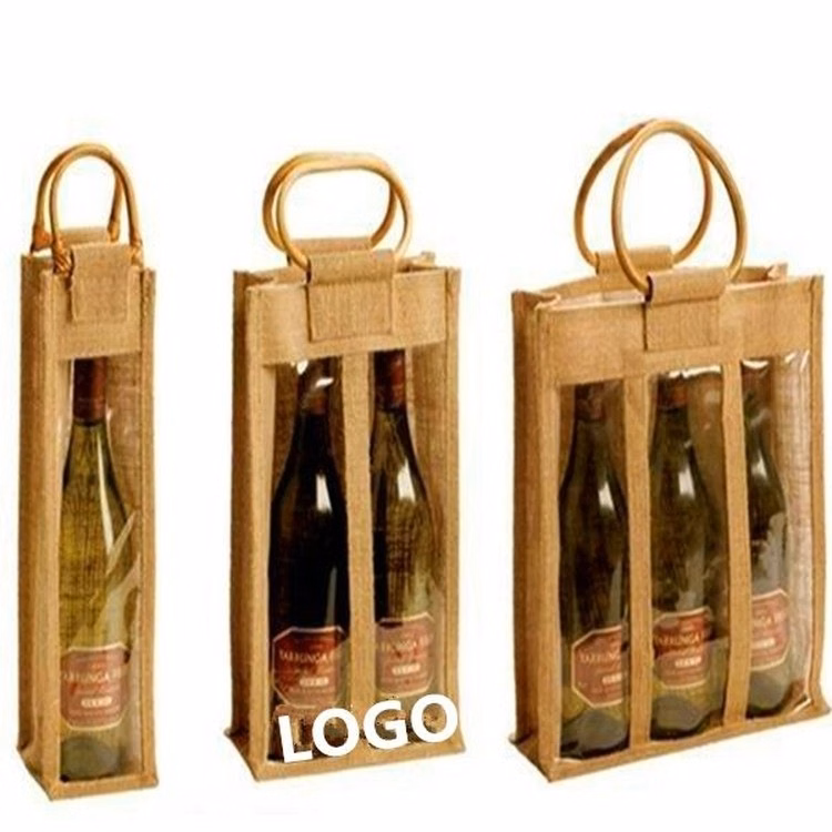 Adini 100% Jute All Natural Clear Front Wine Bottle Bag