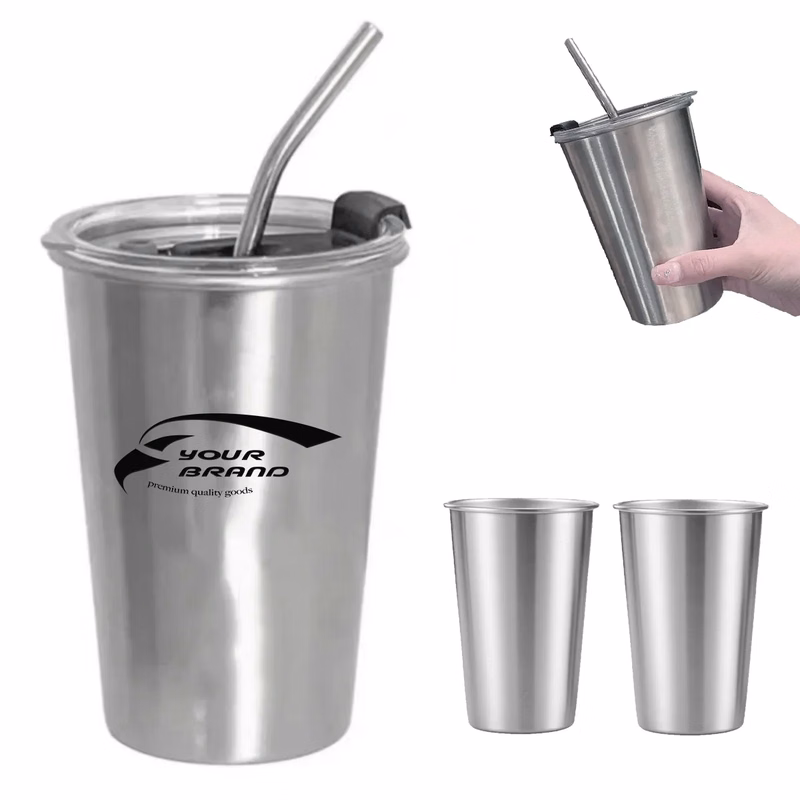 17oz. Metal Mug Pint Cups Stackable Cup With Lid And Straw