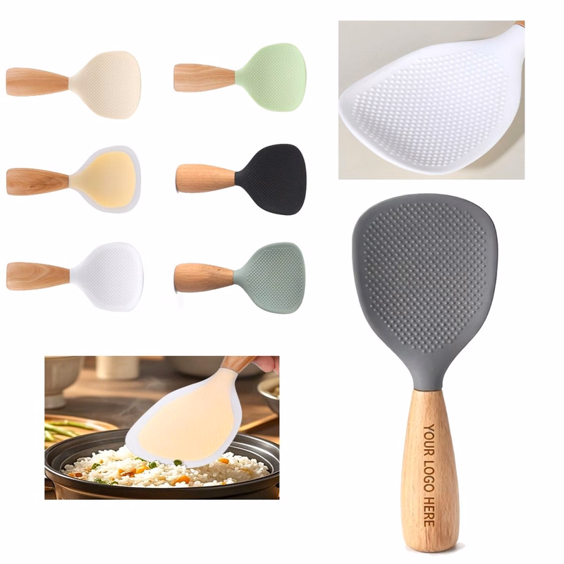 Promotional Food Safe Silicone Rice Spoon With Oak Handle & Custom Laser Logo Printing
