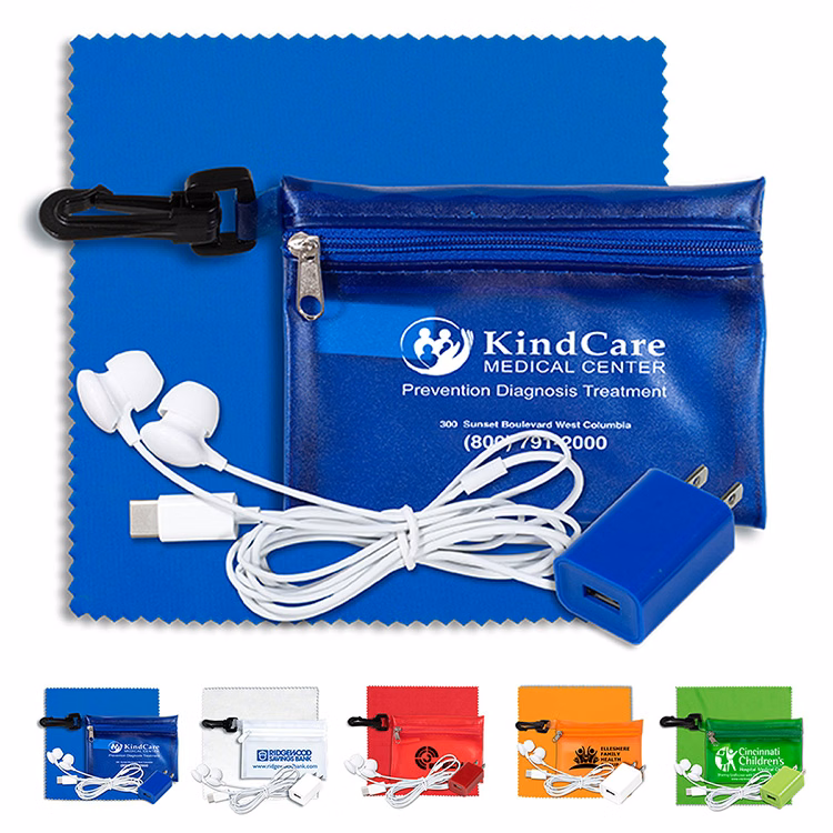 “TechClear” Mobile Tech Accessory Kit in Translucent Carabiner Zipper Pouch Components inserted into
