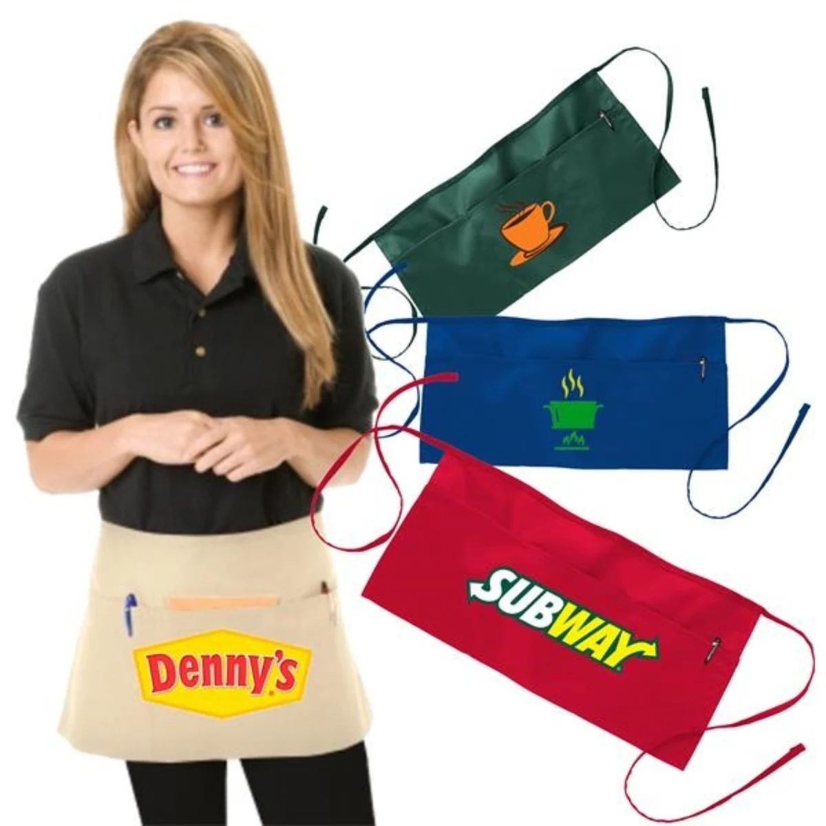 7.5 oz Restaurant Aprons w/ Custom Logo Full Length Apron 3 Pockets USA Decorated (24" x 12") 1