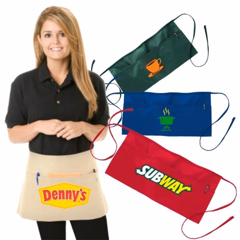 7.5 oz Restaurant Aprons w/ Custom Logo Full Length Apron 3 Pockets USA Decorated (24" x 12")