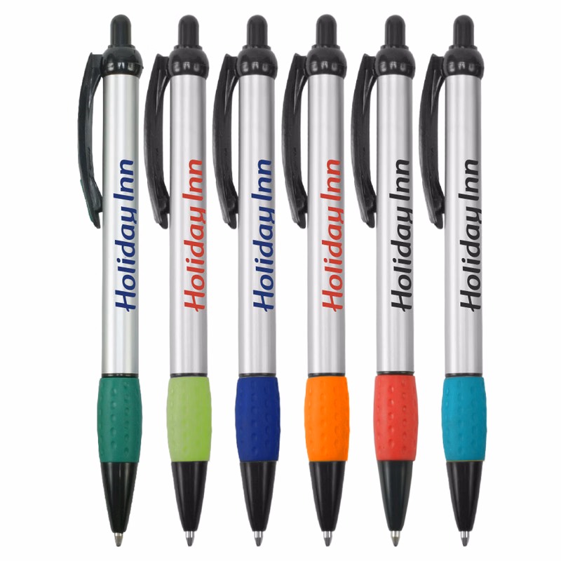 Promotional - Jolly Jotter - Silver Barrels Ballpoint Pens with Colored Trim and Rubber Grip