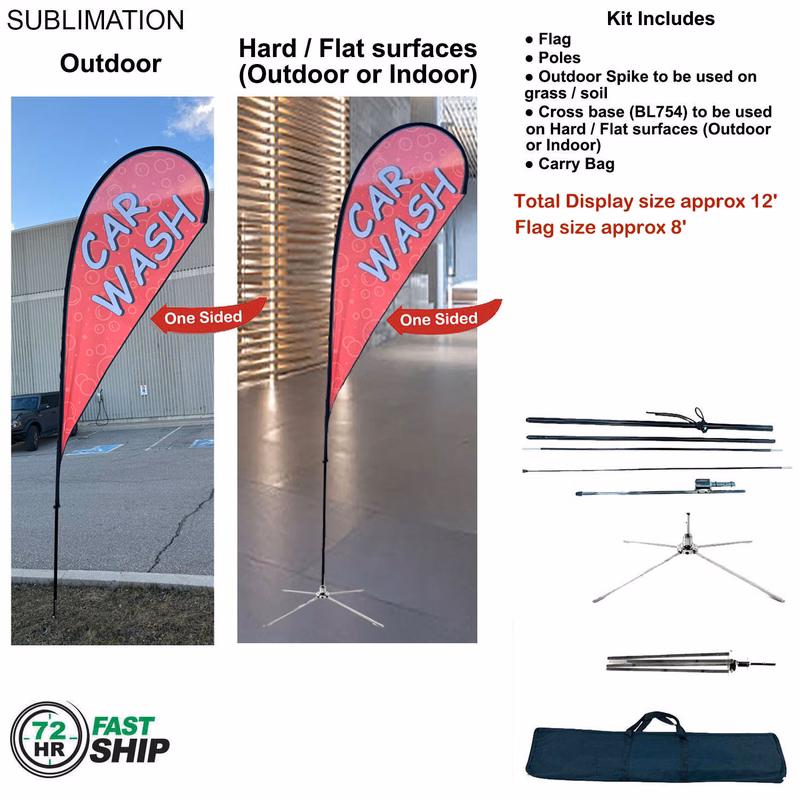 72Hr Fast Ship - 12' Medium Tear Drop Flag Kit, Full Color Graphics One Side, Outdoor & Indoor base