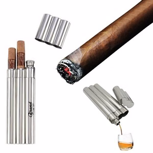 Silver Double Cigar Tube With 2oz Stainless Steel Flask