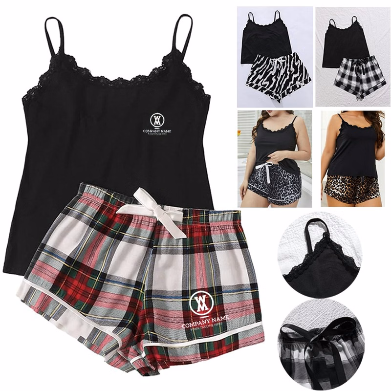 Women's Sleepwear Set Plaid Cami Top Elastic Waist Short Pajama Set