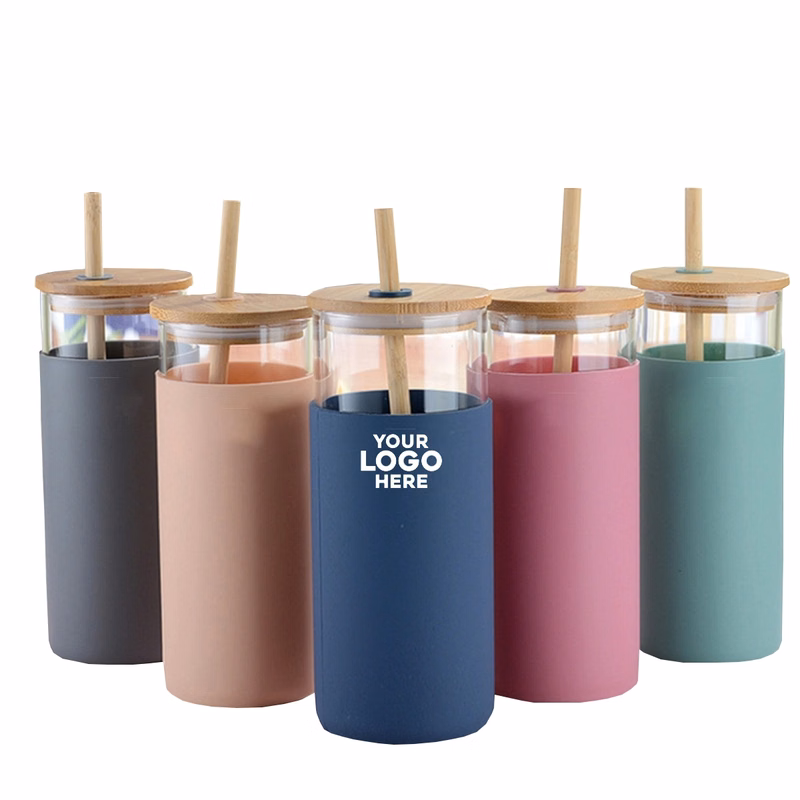 17oz Office glass bamboo lid straw cup