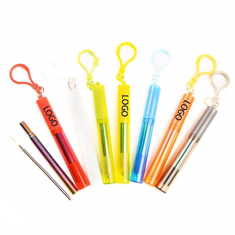 Reusable Collapsible Stainless Steel Straw w/ Plastic Case and Long Cleaning Brush
