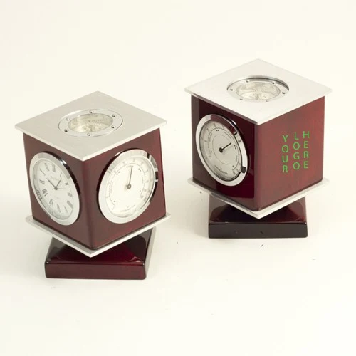 3-Time Zone Revolving Desk Clock with Compass (Walnut Wood) 1