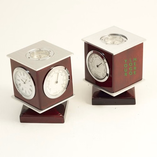 3-Time Zone Revolving Desk Clock with Compass (Walnut Wood)