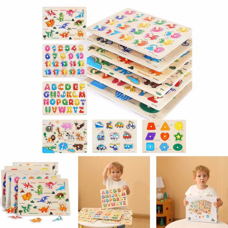 Wooden Peg Puzzle for Toddlers 6 Pack