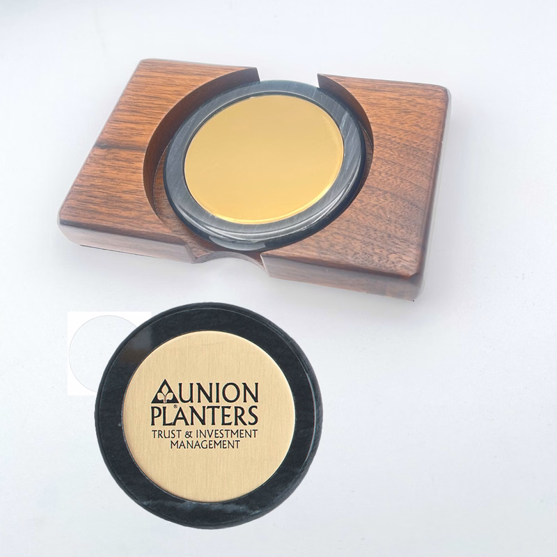 Marble Coaster with Brass Disc on Hard Wooden Base