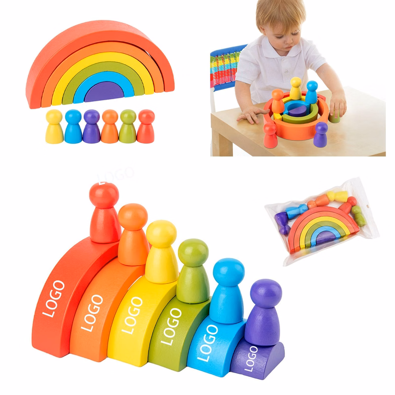 Wooden Rainbow Tower Stacked High Blocks