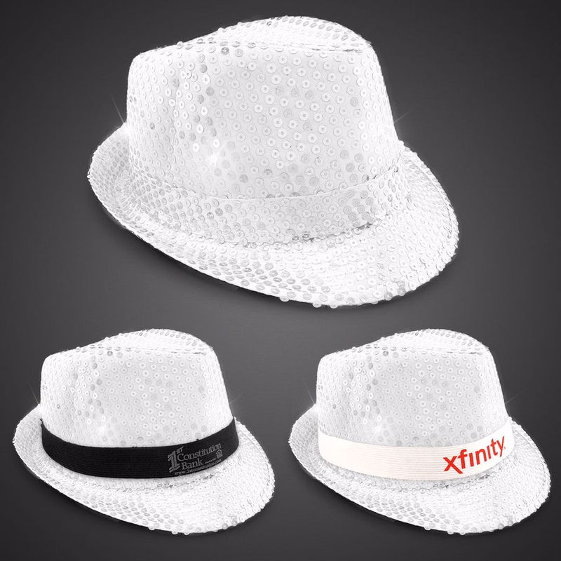 White Sequin LED Fedora Hat(w/white imprintable band)