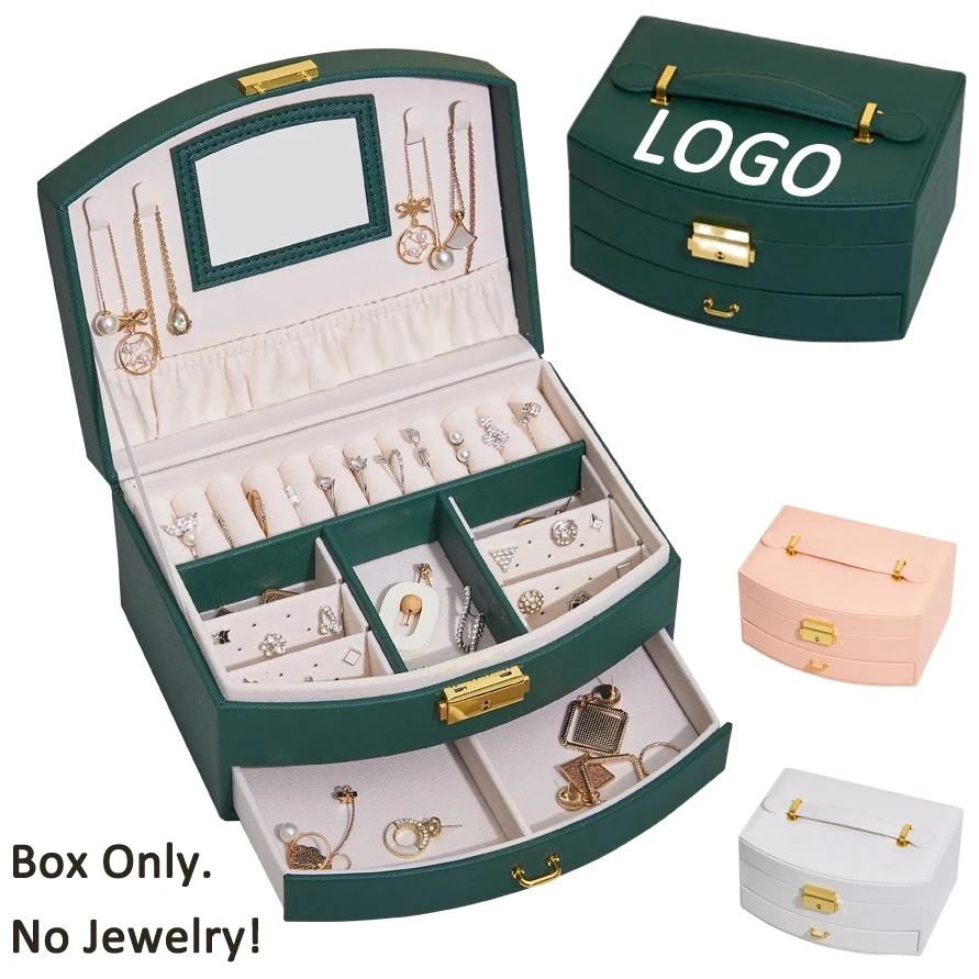 Custom 2-Layer PU Jewelry Organizer Box with Drawer & Mirror 1