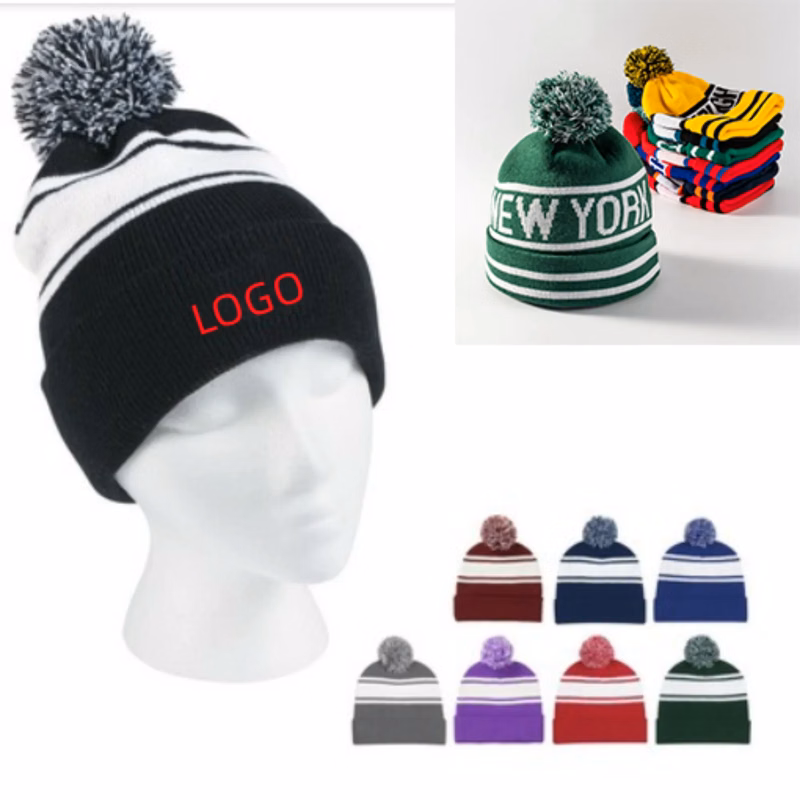 Full Color Acrylic Knit Beanies Hat WIth Pom