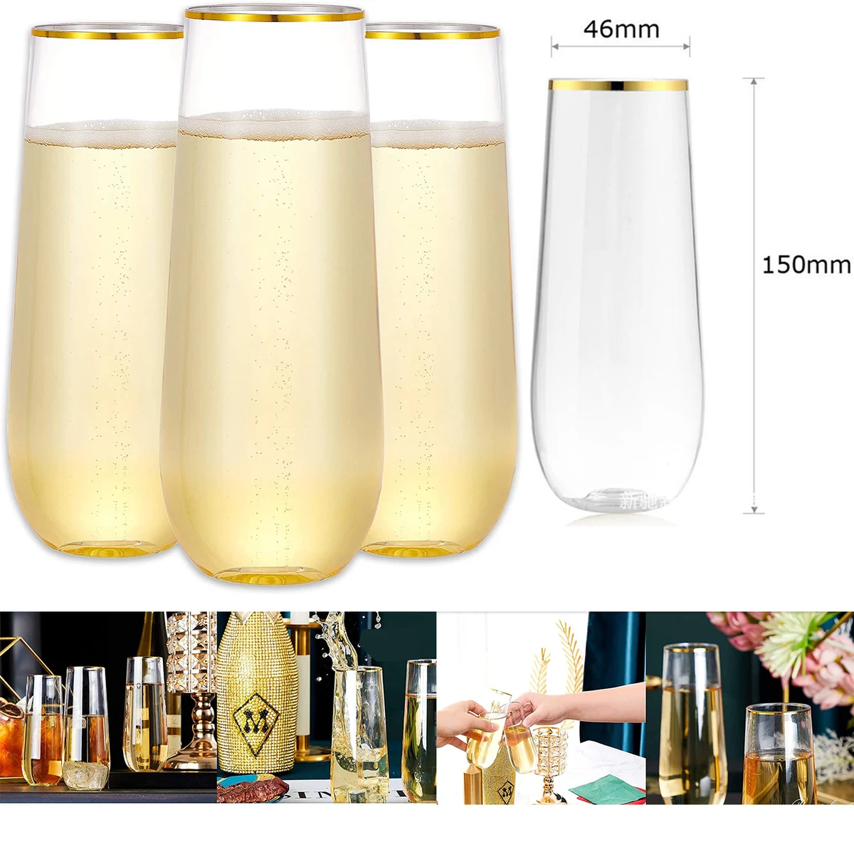 9 OZ Stemless Plastic Champagne Flute Gold Rimmed Cup 1