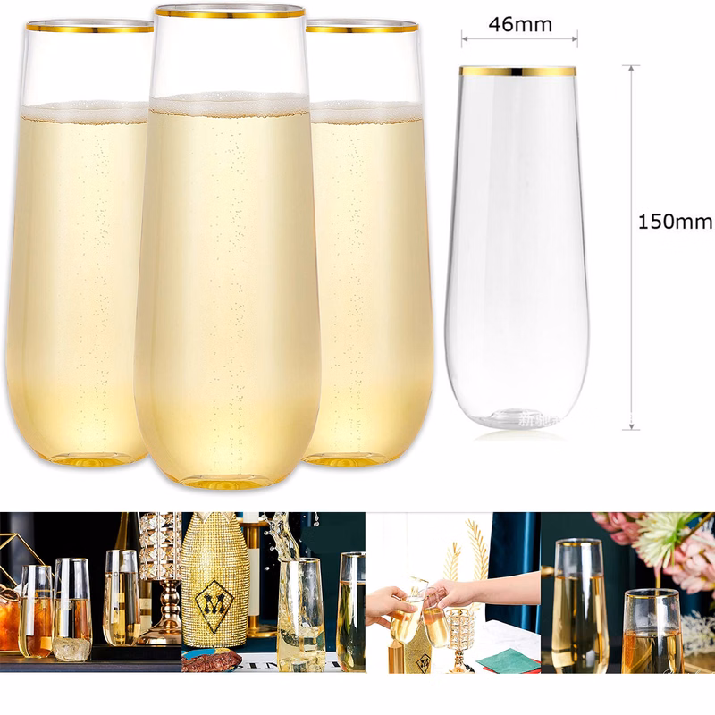 9 OZ Stemless Plastic Champagne Flute Gold Rimmed Cup