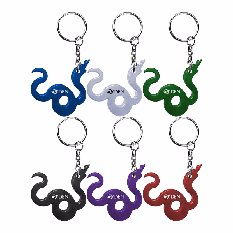 Snake shape bottle opener with key chain.