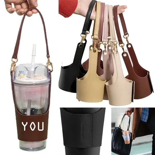 Portable Leather Cup Holde Drink Carrier w Adjustable Strap for Work, School and Travel 1