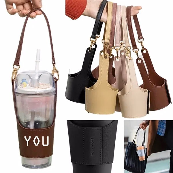 Portable Leather Cup Holde Drink Carrier w Adjustable Strap for Work, School and Travel
