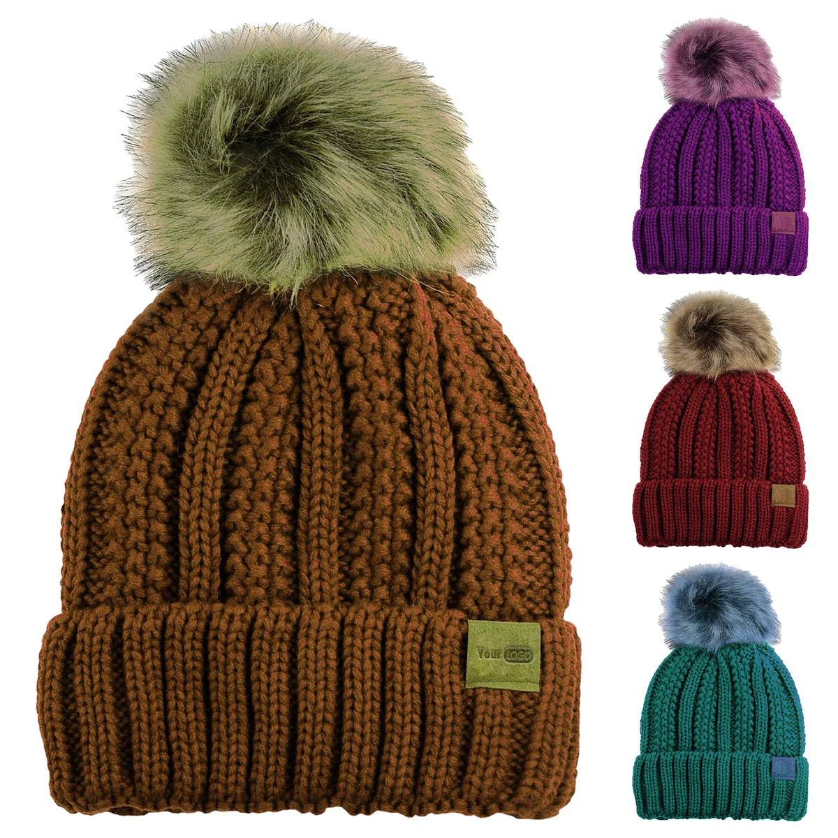 Acrylic Warm And Trendy Ribbed Beanie With Faux-Fur Pom-Pom 1