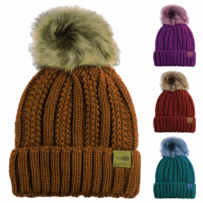Acrylic Warm And Trendy Ribbed Beanie With Faux-Fur Pom-Pom